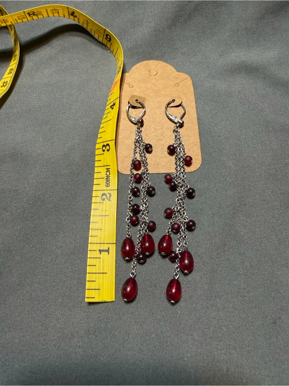 Source Unknown Silver-Tone Chain Drop Earrings with Deep Red Beads
